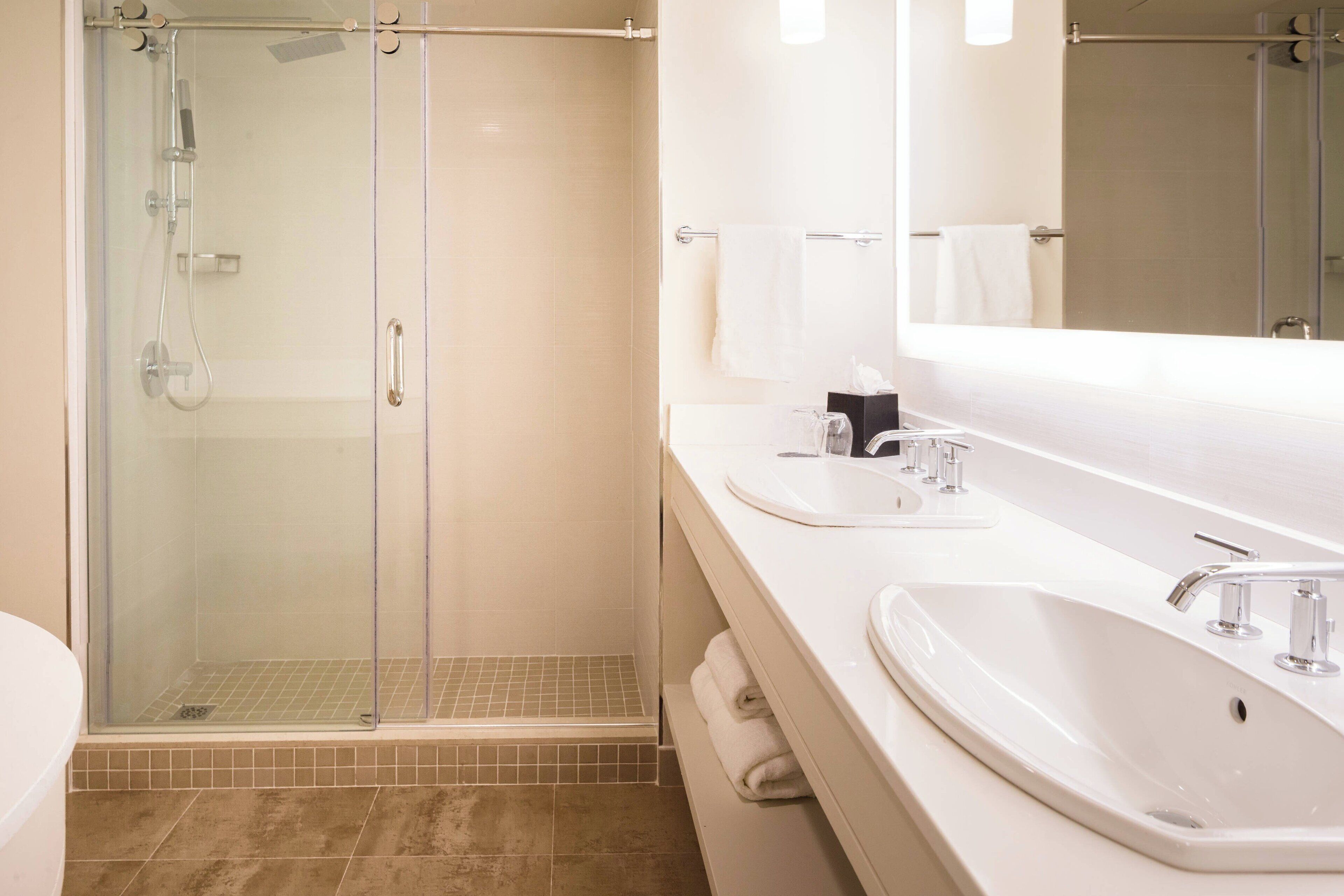 suite, 1 king bed with sofa bed | bathroom | rainfall showerhead, designer toiletries, hair dryer, bathrobes