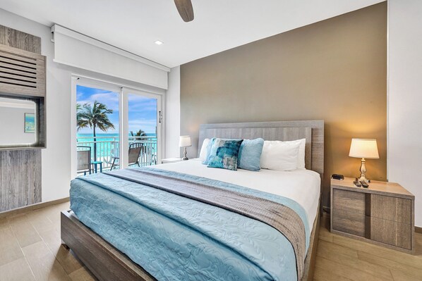 Ocean Front Balcony Room with King Bed | Premium bedding, in-room safe, desk, blackout drapes
