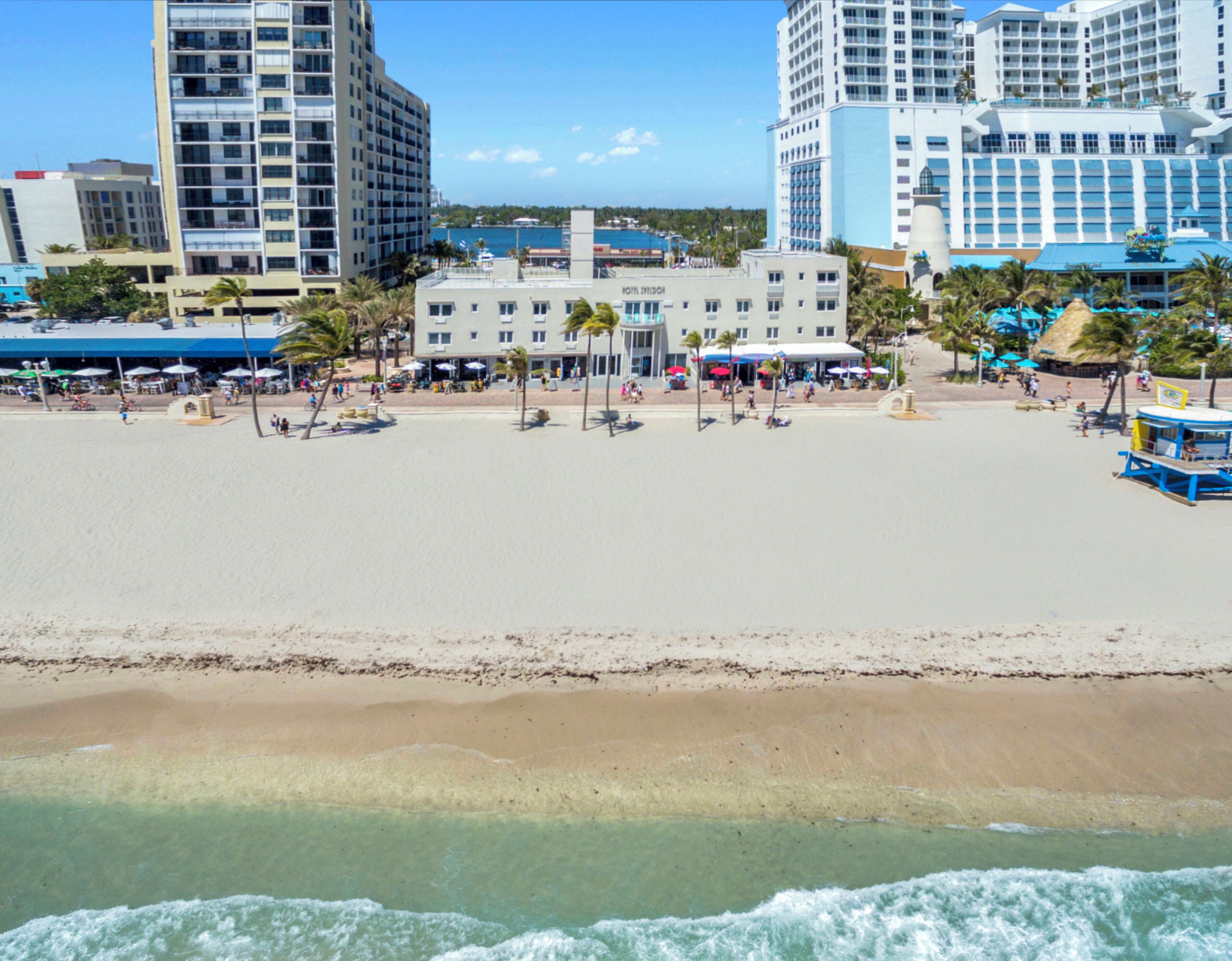 A beachfront hotel with a pool area, palm trees, and a view of the ocean.