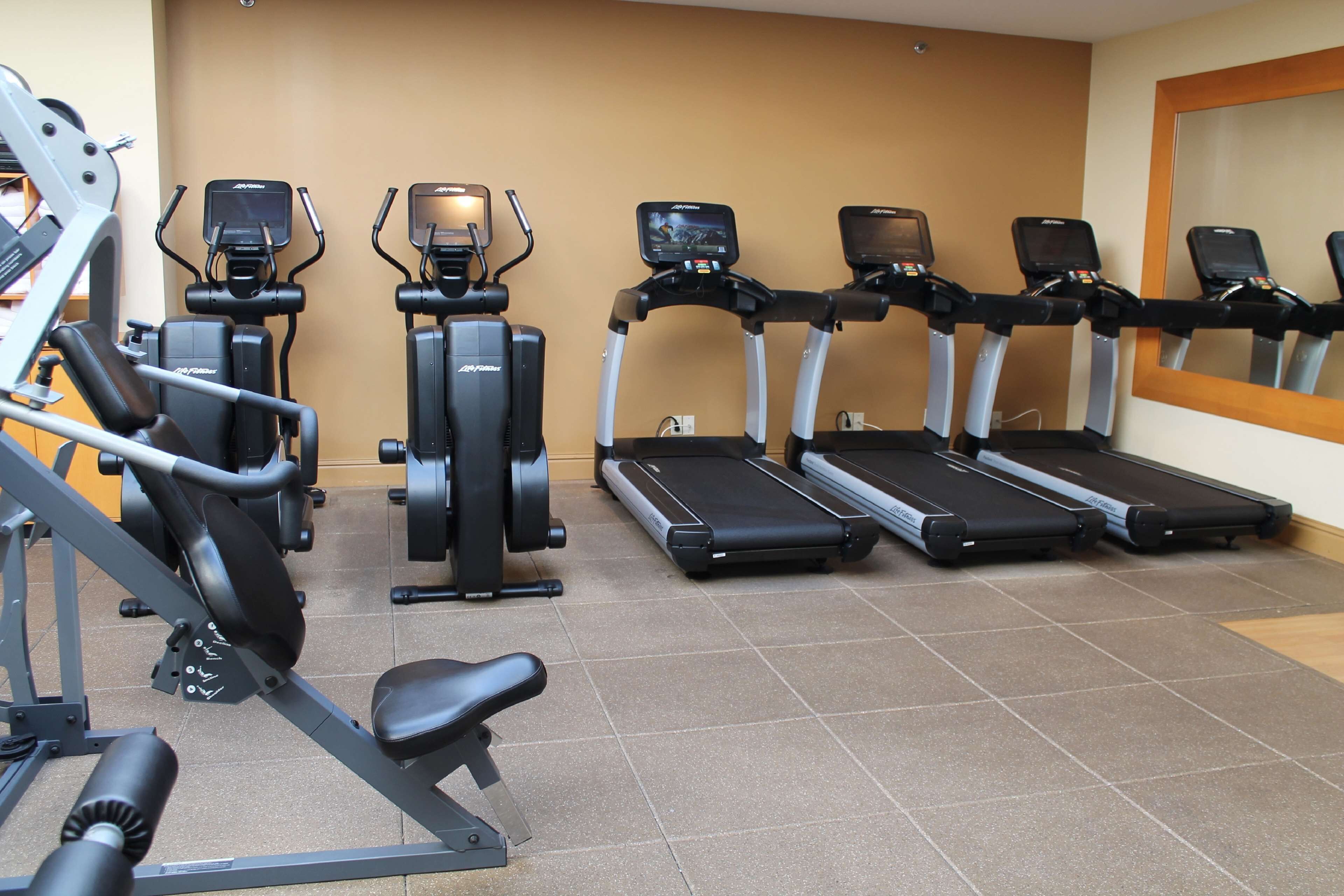 A gym with various exercise machines, including treadmills and weight machines, arranged in a row.