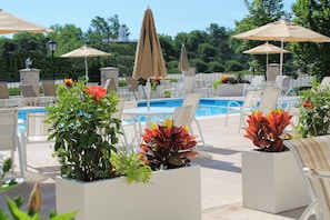 Seasonal outdoor pool, pool umbrellas, pool loungers