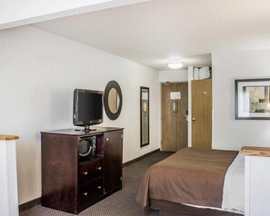 A hotel room with a bed, a television, a mirror, a door, and a framed picture on the wall.