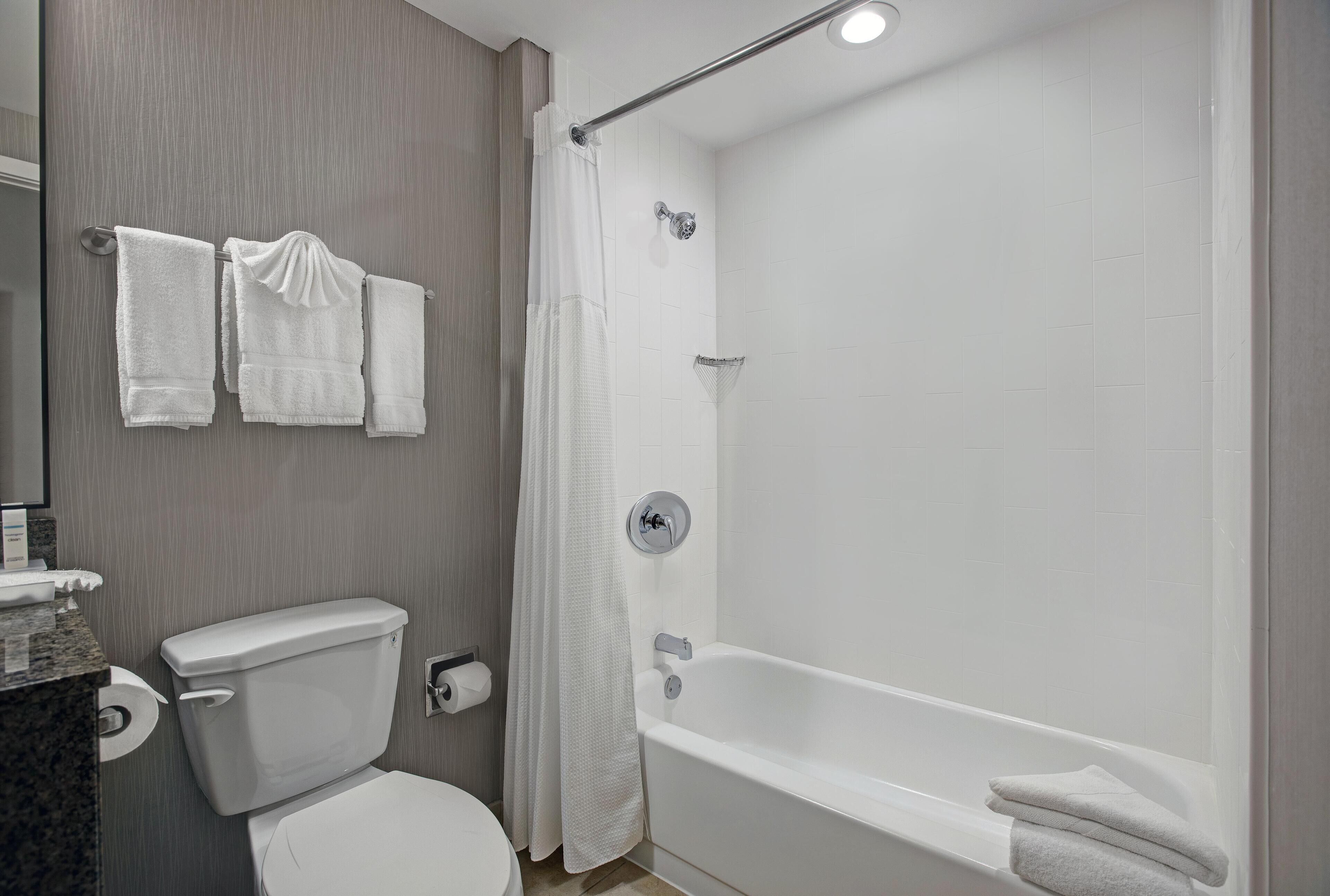 Een moderne badkamer met toilet, wastafel en bad.