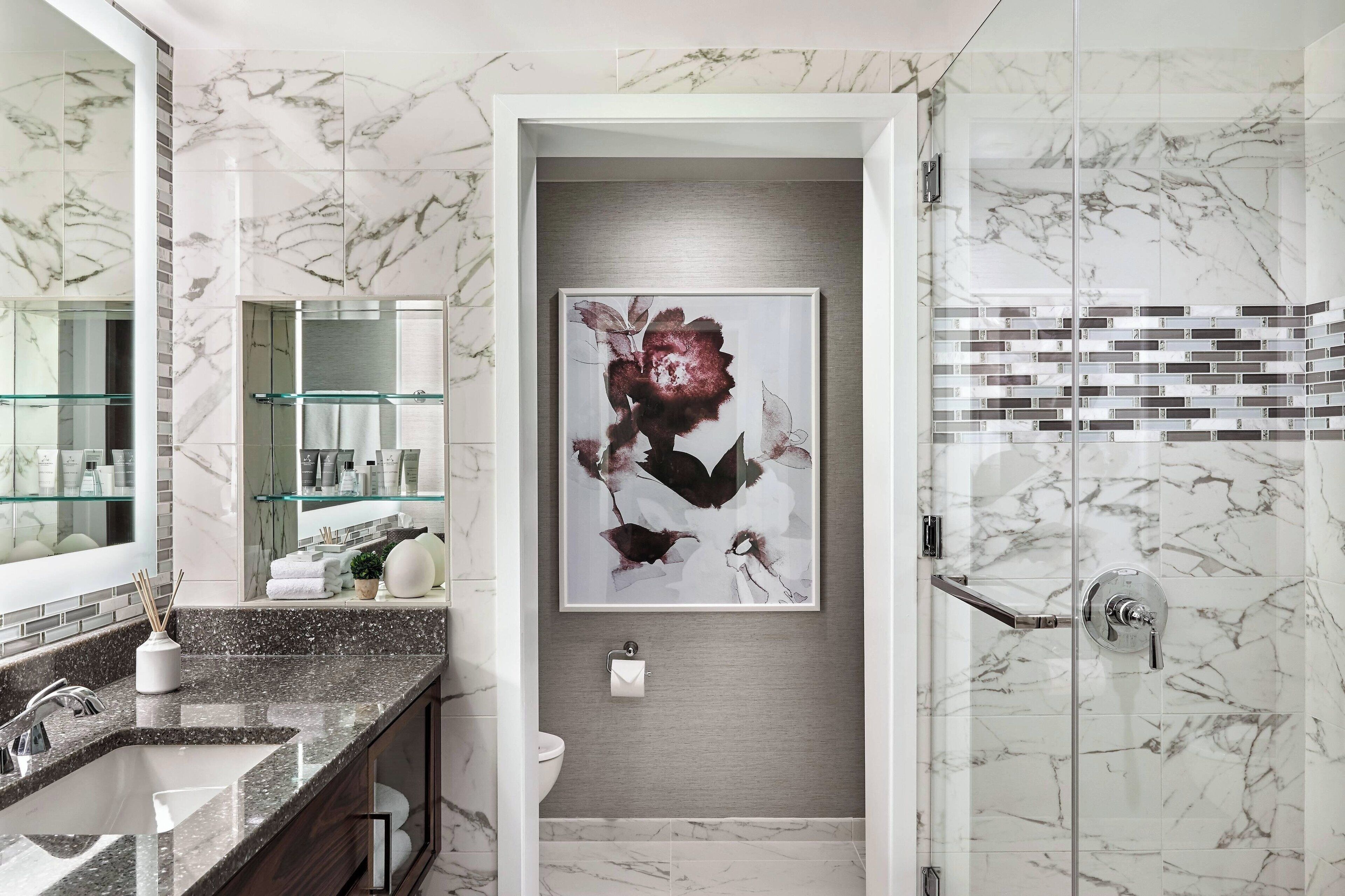 shower, designer toiletries, hair dryer, bathrobes