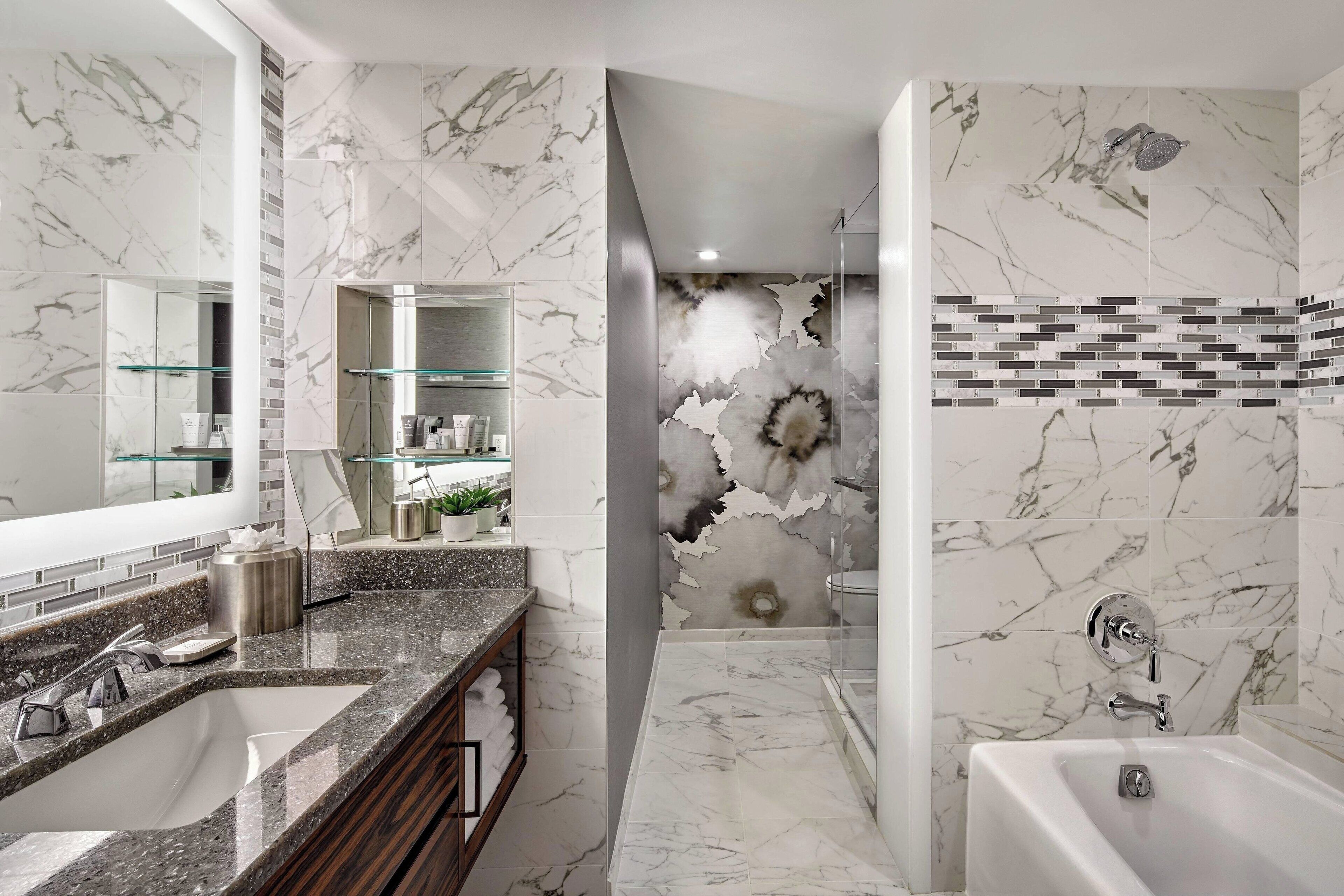 shower, designer toiletries, hair dryer, bathrobes