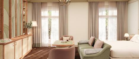A hotel room with a bed, a sofa, a small table, a cabinet, and a chandelier.