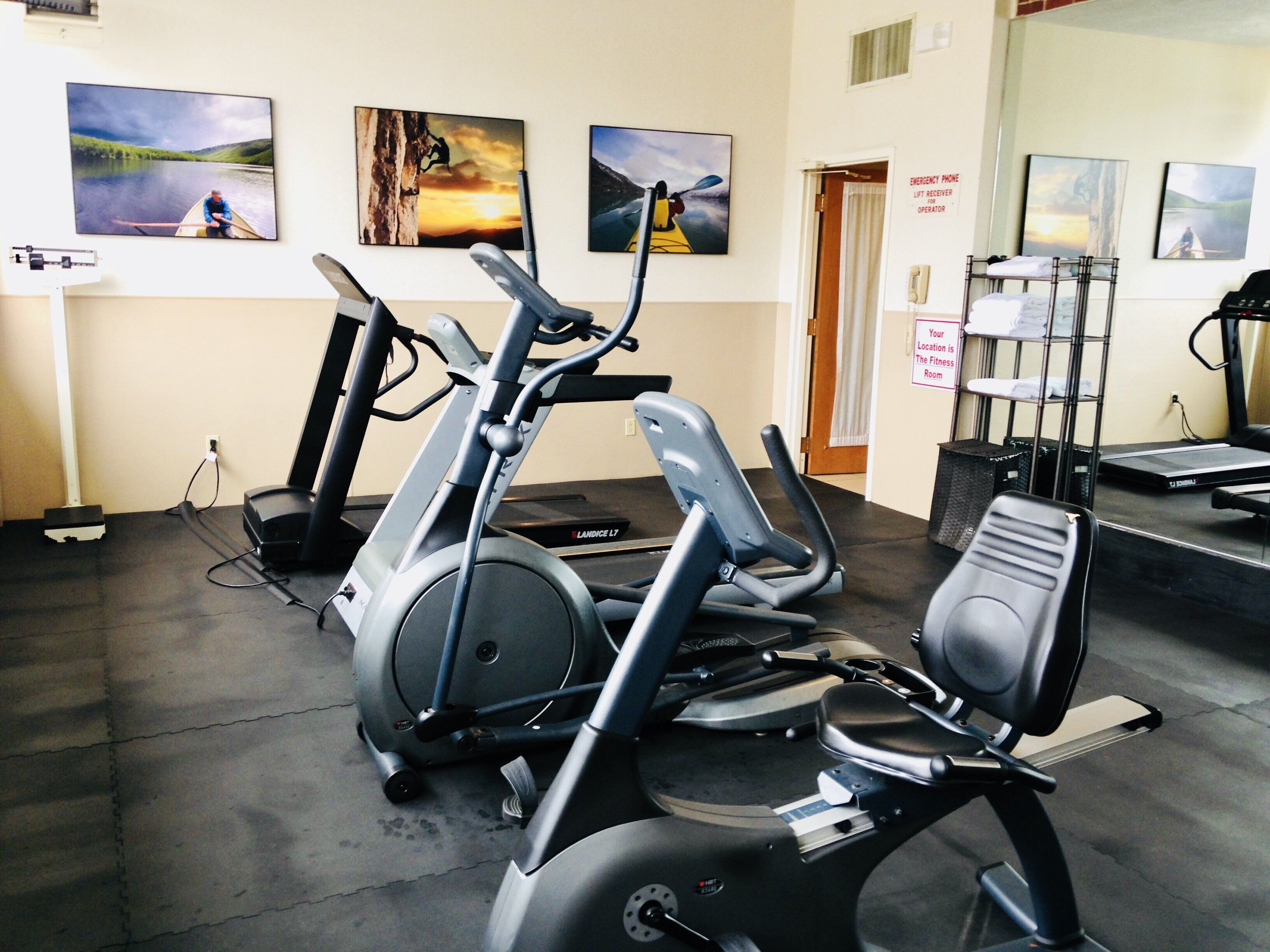 A gym with stationary bikes, treadmills, and a weight bench.
