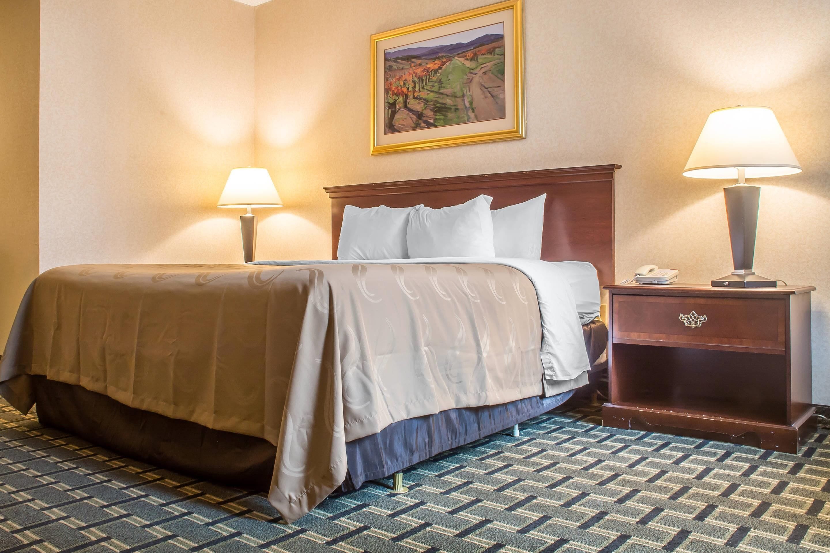 A hotel room with a bed, two bedside lamps, a nightstand, and a framed picture on the wall.