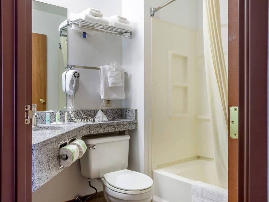 Un baño con inodoro, ducha, lavabo con espejo y toallero.