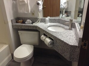 Combined shower/tub, eco-friendly toiletries, hair dryer, towels