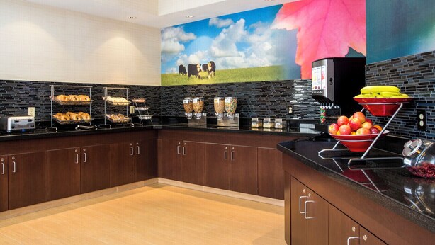 A modern kitchen with a black countertop, wooden cabinets, and a mural of a farm scene.