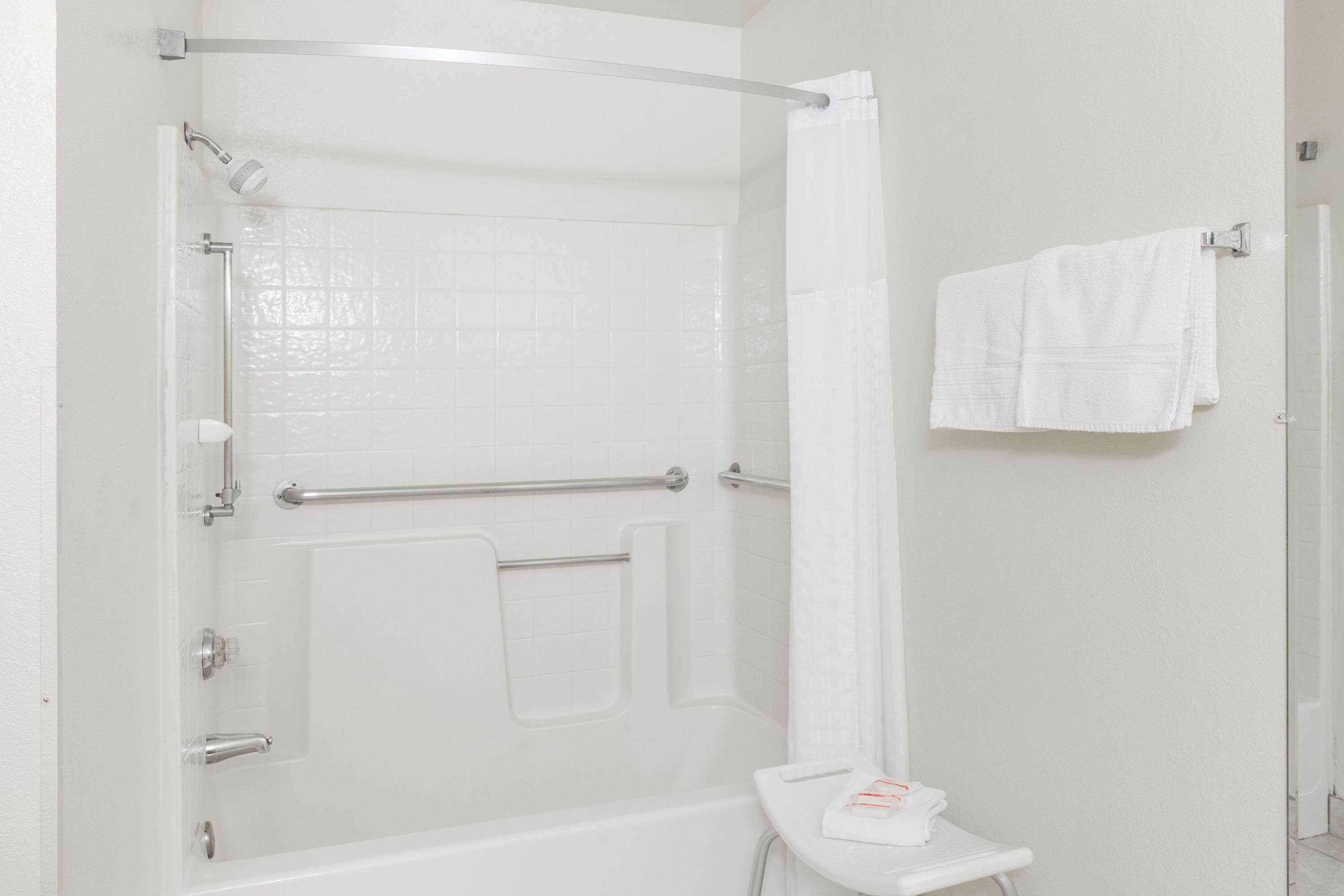 Un bagno con doccia, maniglie di sostegno, un water e un portaservizi.