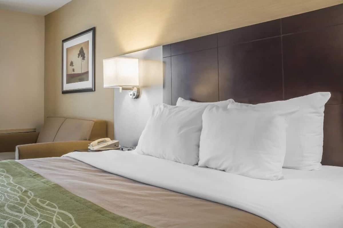 Premium bedding, desk, blackout drapes, iron/ironing board