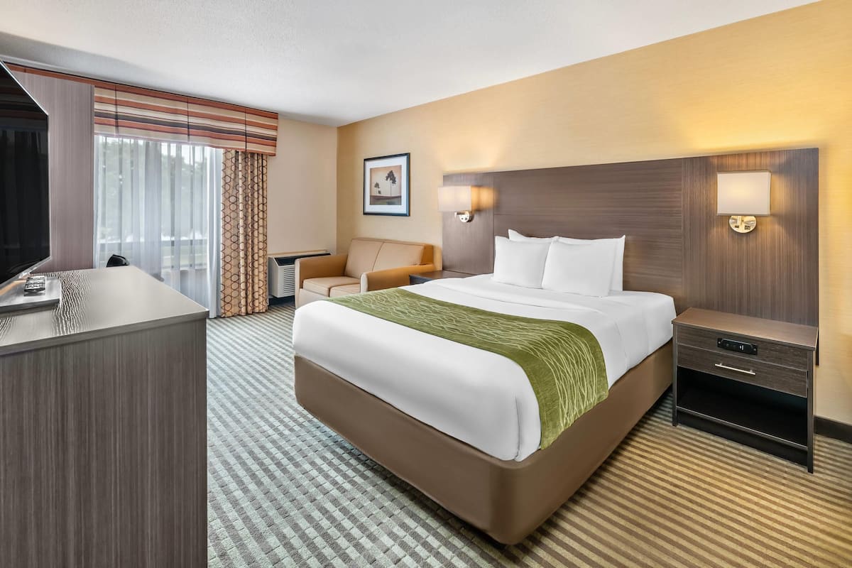 A hotel room with a large bed, a desk, a chair, and a TV.