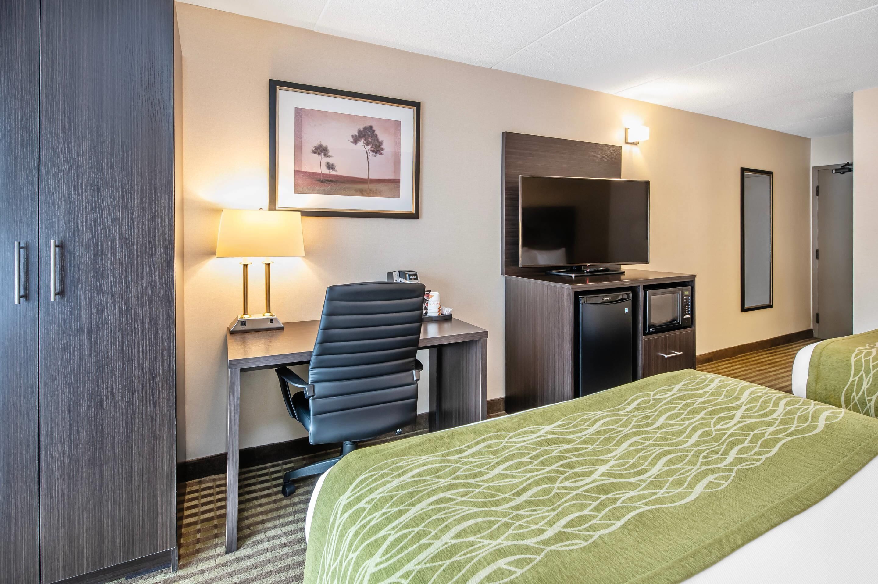 A hotel room with a bed, desk, chair, TV, and a framed picture on the wall.