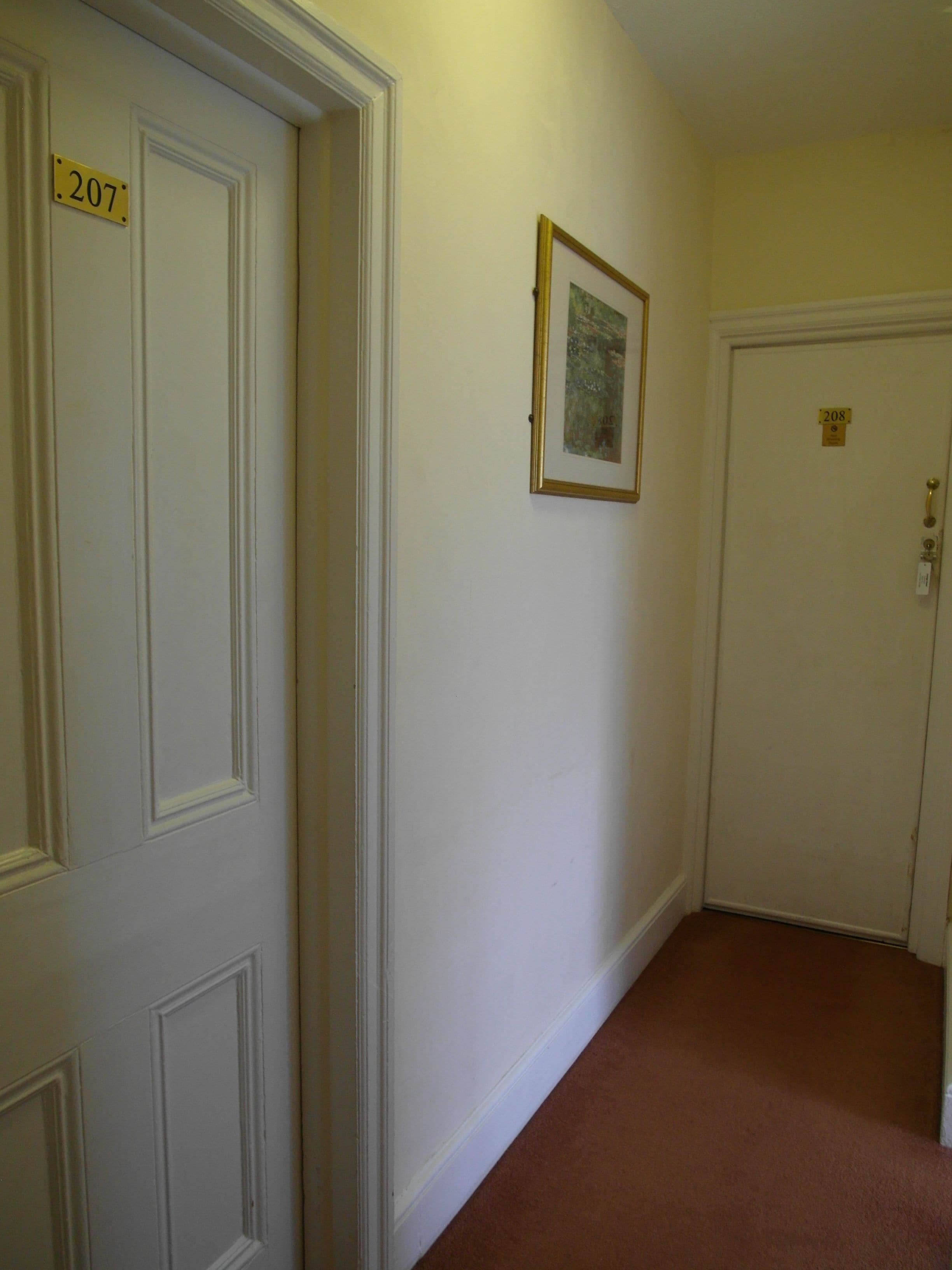 A hallway with white doors numbered 207 and 208, a framed picture on the wall, and a brown carpet.