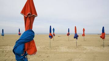Beach umbrellas arranged in a row on a sandy beach.