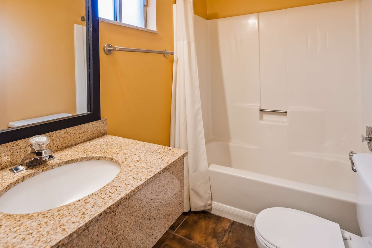 combined shower/bathtub, eco-friendly toiletries, hair dryer, towels