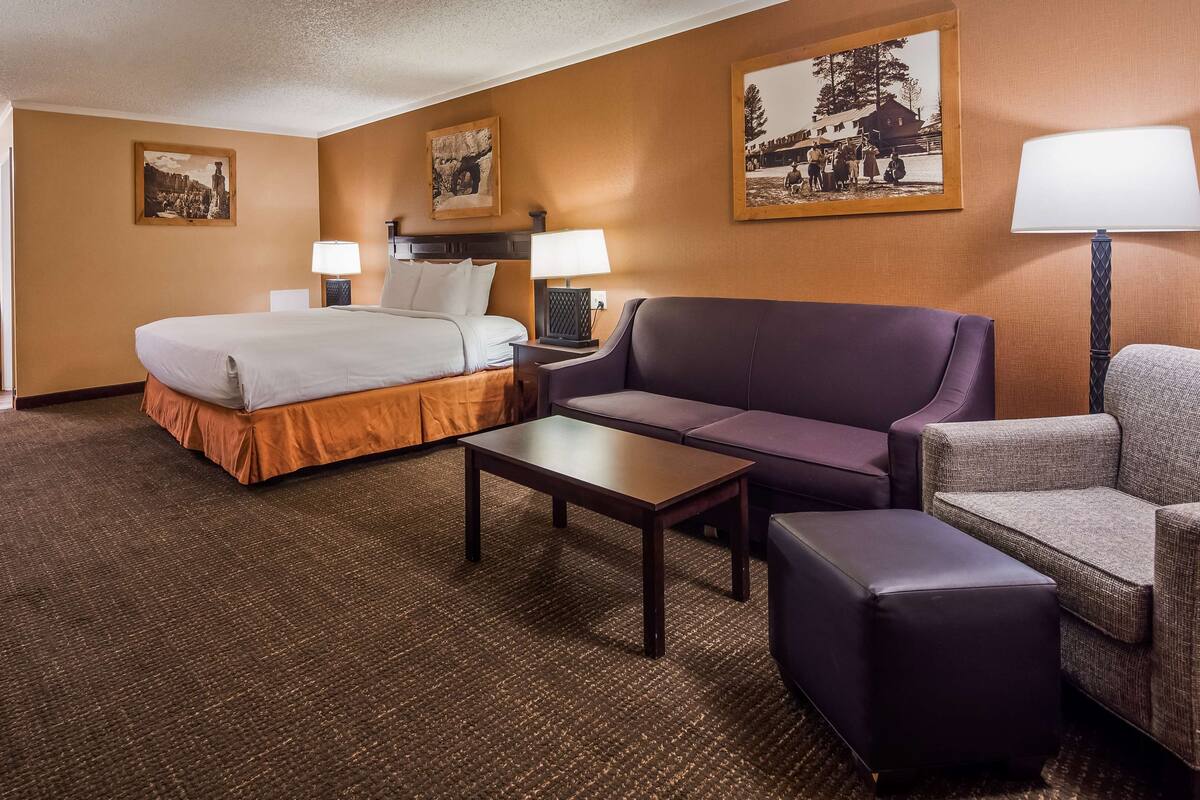A hotel room with a bed, two bedside tables, a sofa, a chair, a small table, and a desk with a chair.
