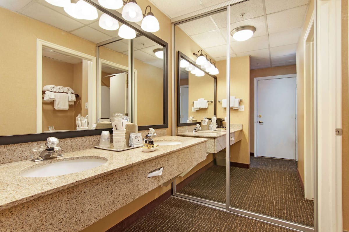 combined shower/bathtub, eco-friendly toiletries, hair dryer, towels