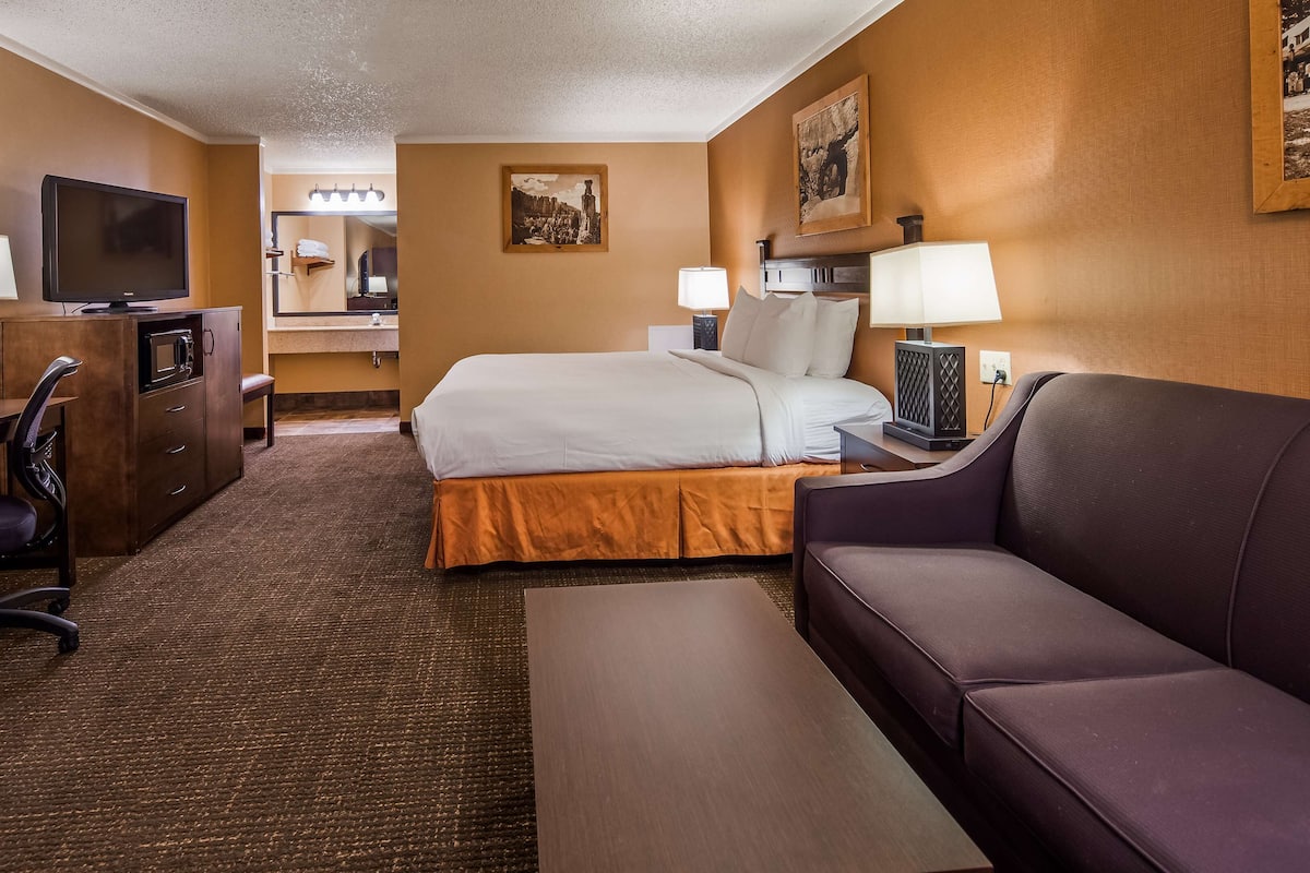 A hotel room with a bed, a desk with a chair, a television, a sofa, and a small table.