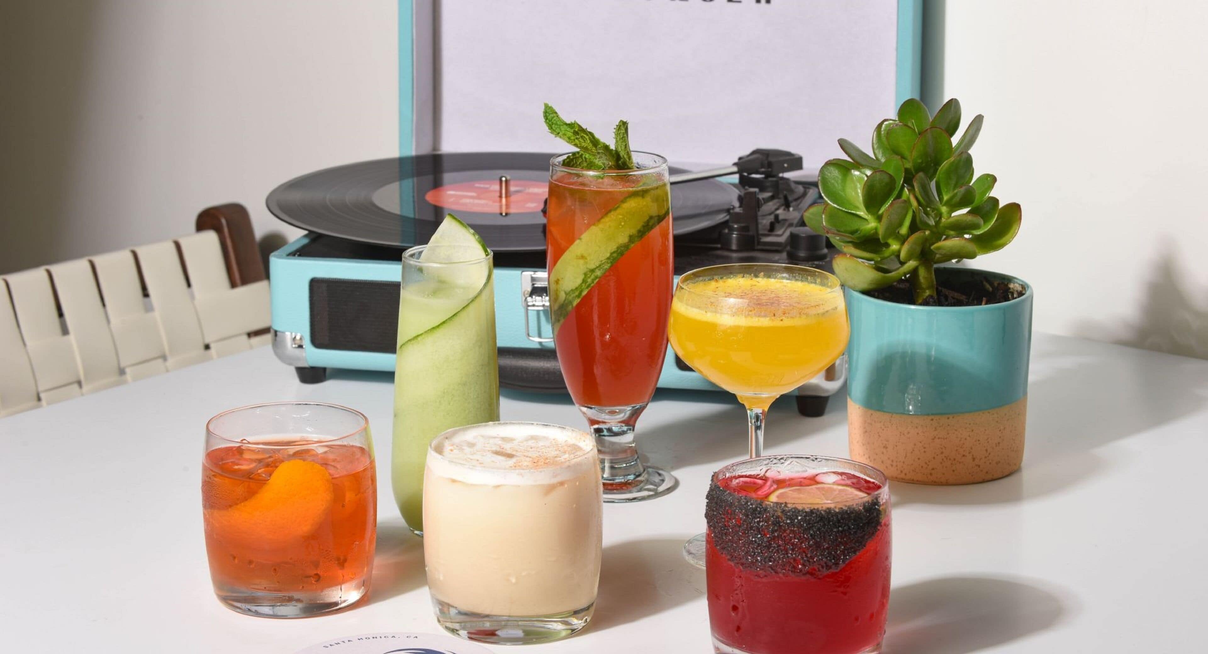 A table with various drinks, a record player, and a succulent plant.