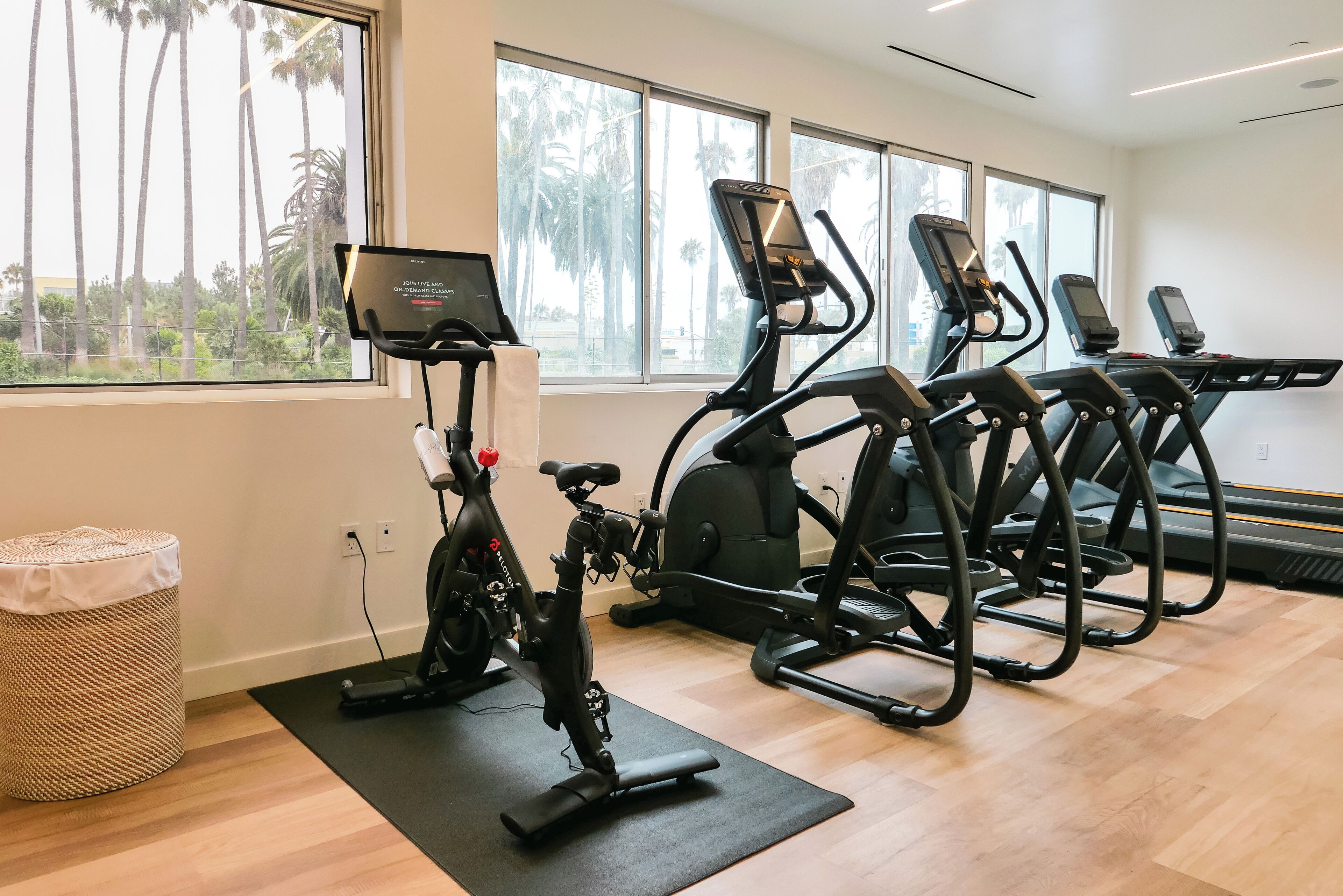 A gym with exercise bikes and treadmills, large windows with a view of palm trees, and a wooden floor.
