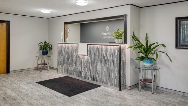 A reception area with a modern design, featuring a reception desk, potted plants, and a clean, tiled floor.
