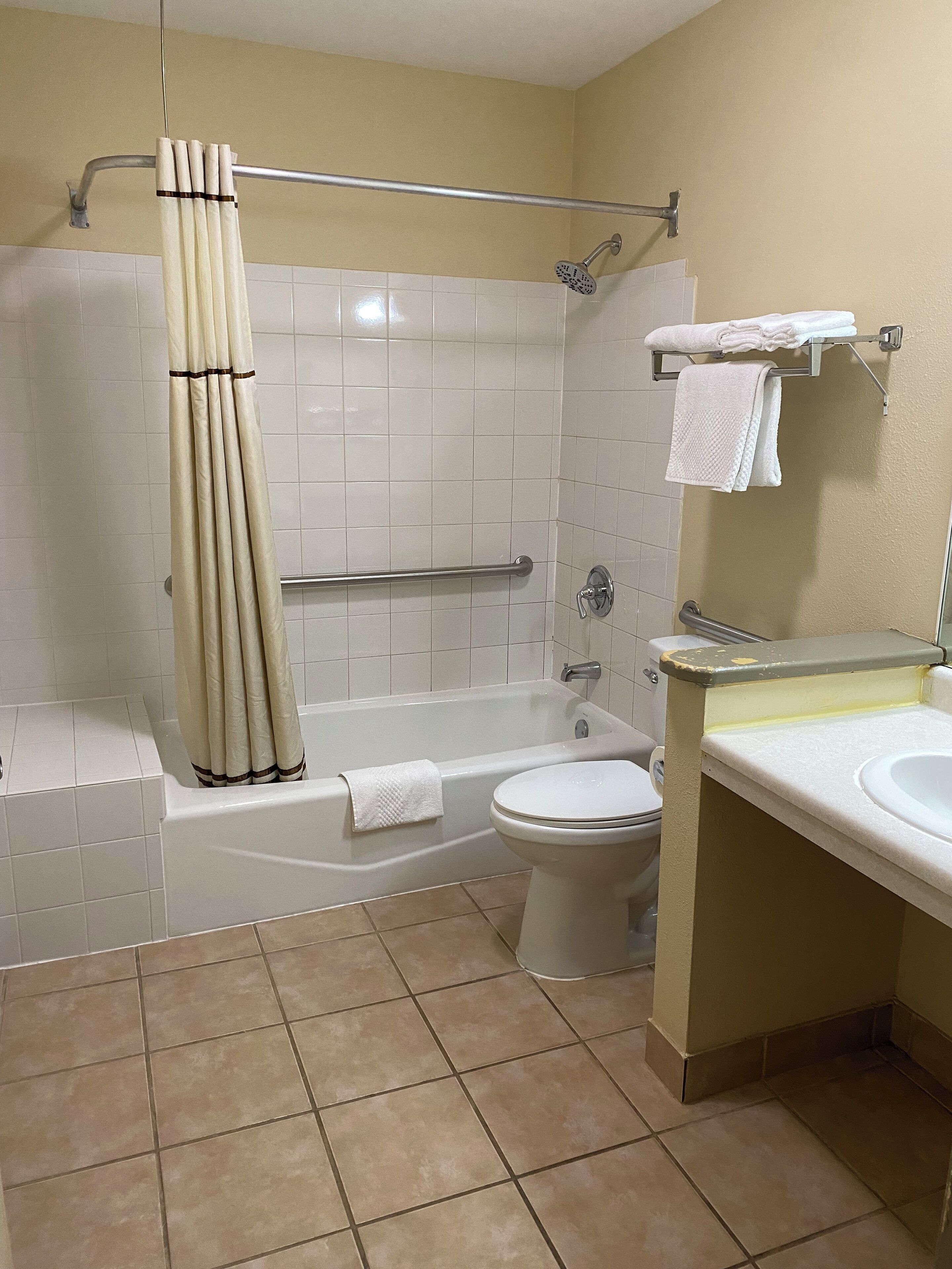 ห้องสแตนดาร์ด, เตียงควีนไซส์ 1 เตียง, พร้อมสิ่งอำนวยความสะดวกสำหรับผู้พิการ, อ่างอาบน้ำ | ห้องน้ำ | ฝักบัวในอ่างอาบน้ำ, ของใช้ในห้องน้ำระดับพรีเมียม, ไดร์เป่าผม, ผ้าเช็ดตัว