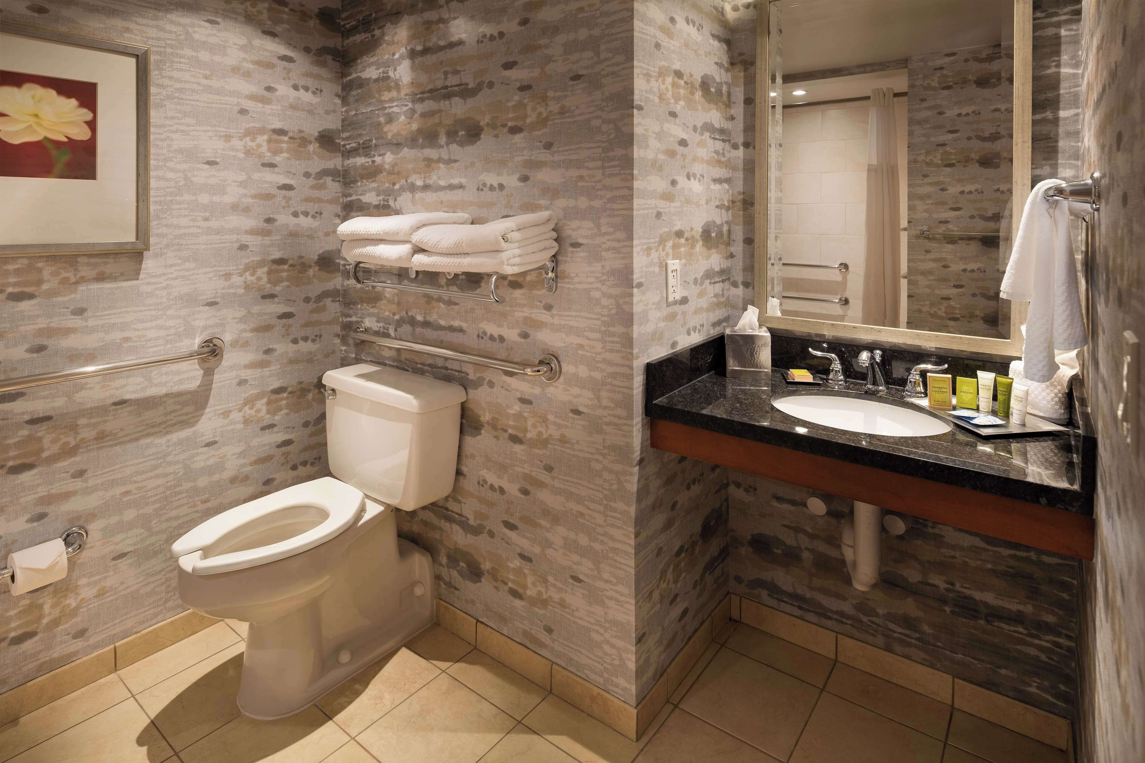 designer toiletries, hair dryer, towels