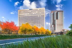 A modern hotel with a flat facade and horizontal windows, surrounded by autumn-colored trees and a clear blue sky.