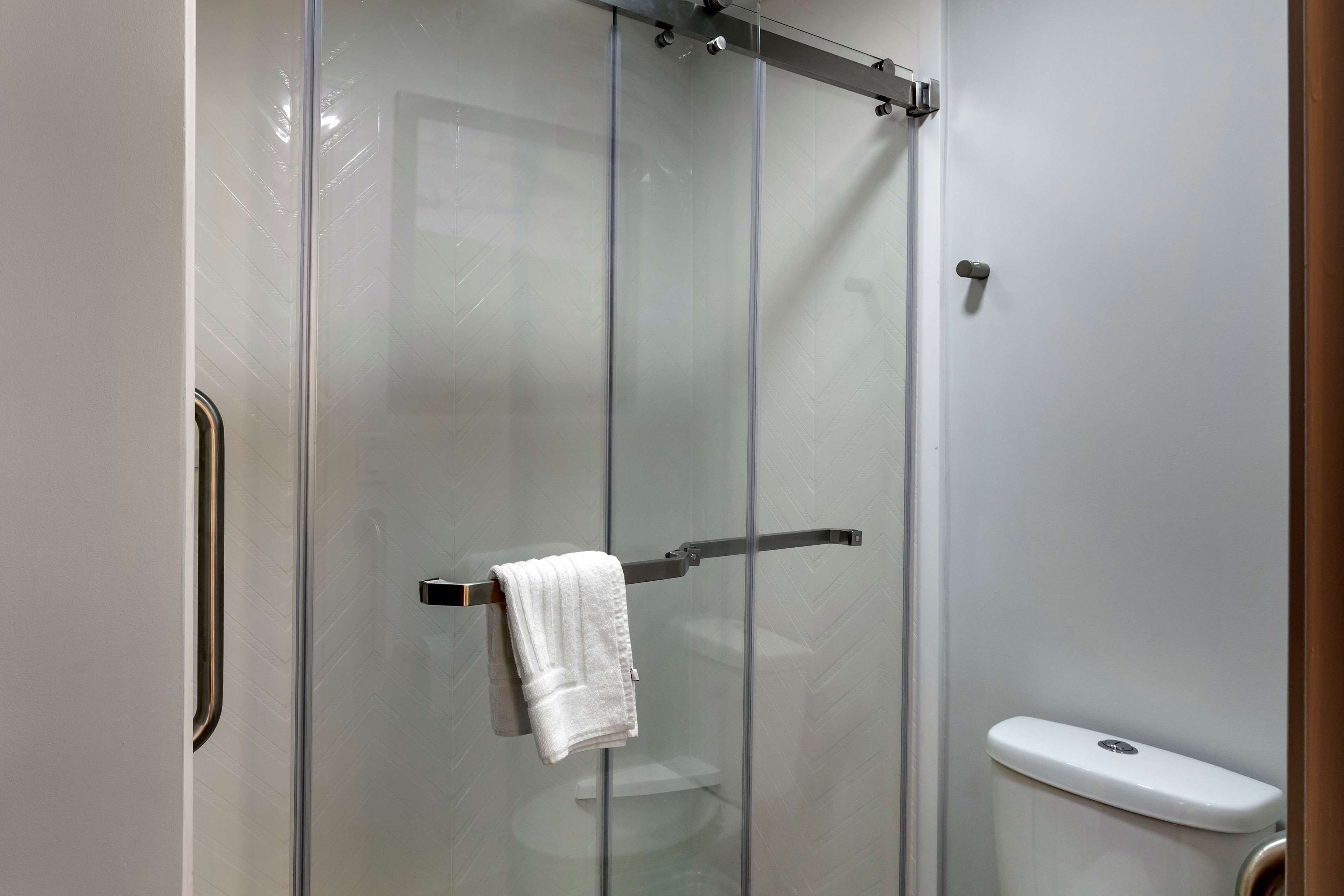 combined shower/bathtub, hair dryer, towels