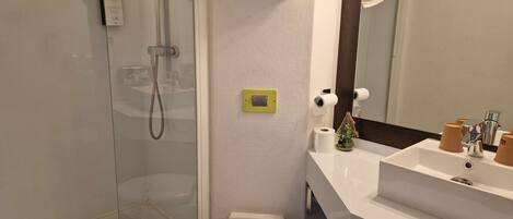 A bathroom with a glass shower enclosure, a toilet, a sink with toiletries, and a mirror.