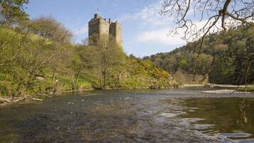 A castle on a hill overlooking a river.