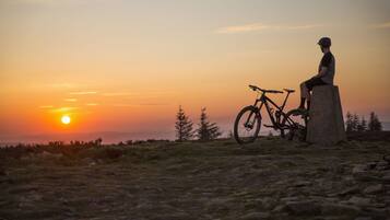 Eine Person sitzt auf einem Felsen mit einem Fahrrad und blickt auf einen Sonnenuntergang mit Bäumen im Hintergrund.