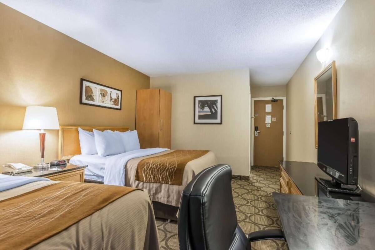 Ein Hotelzimmer mit zwei Betten, einem Schreibtisch mit Computer, einem Fernseher und einem Spiegel.