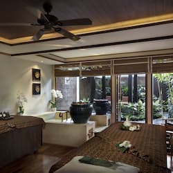 Relax in a serene spa room with a comfortable seating area, potted plants, and a large window offering a view of lush greenery.