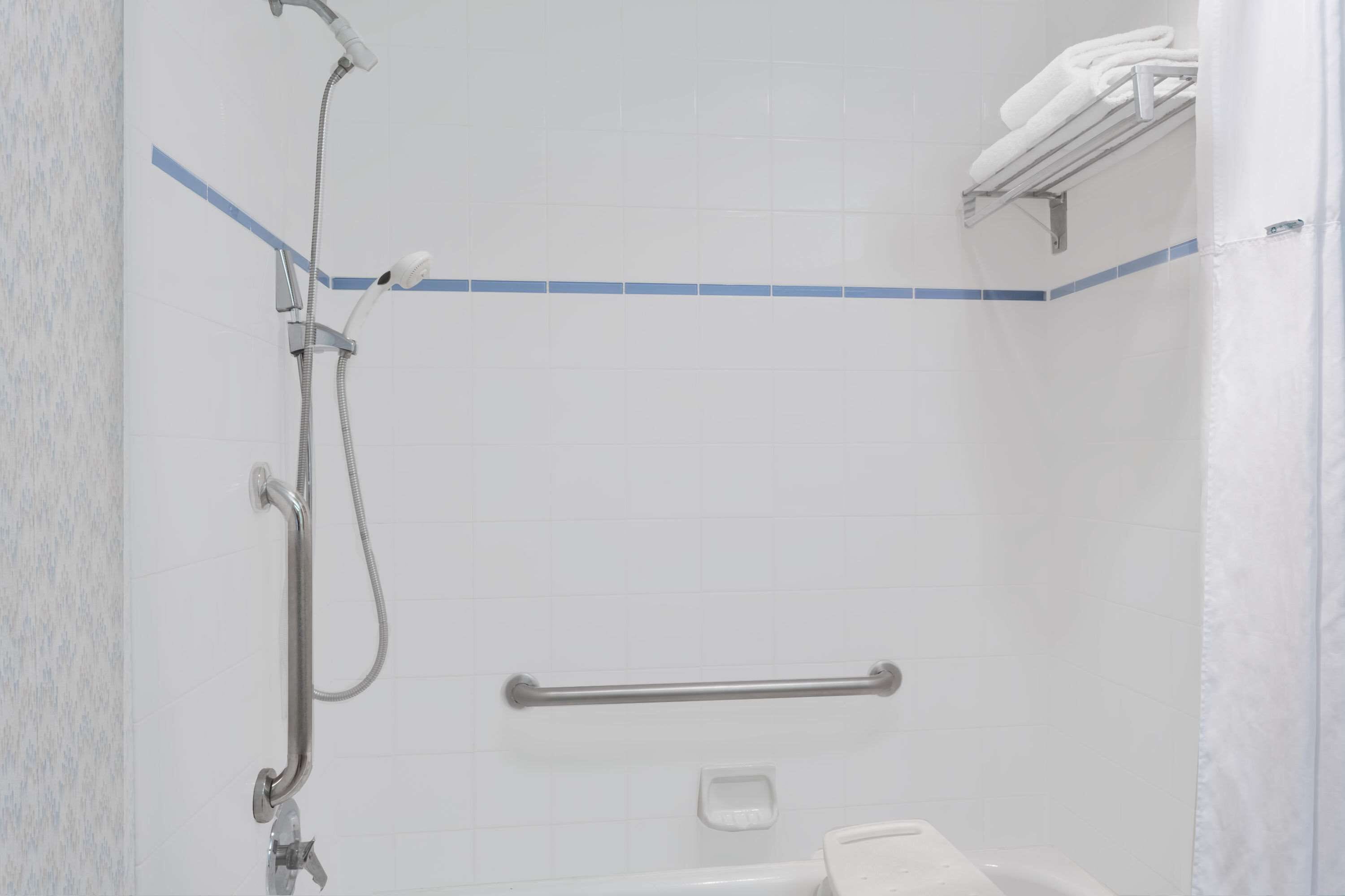 A shower area with a grab bar, a towel rack, and a handheld showerhead.