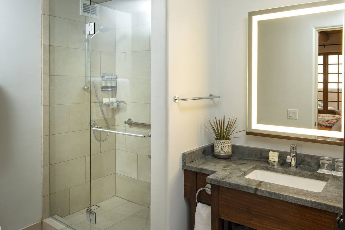 combined shower/bathtub, designer toiletries, hair dryer, bathrobes