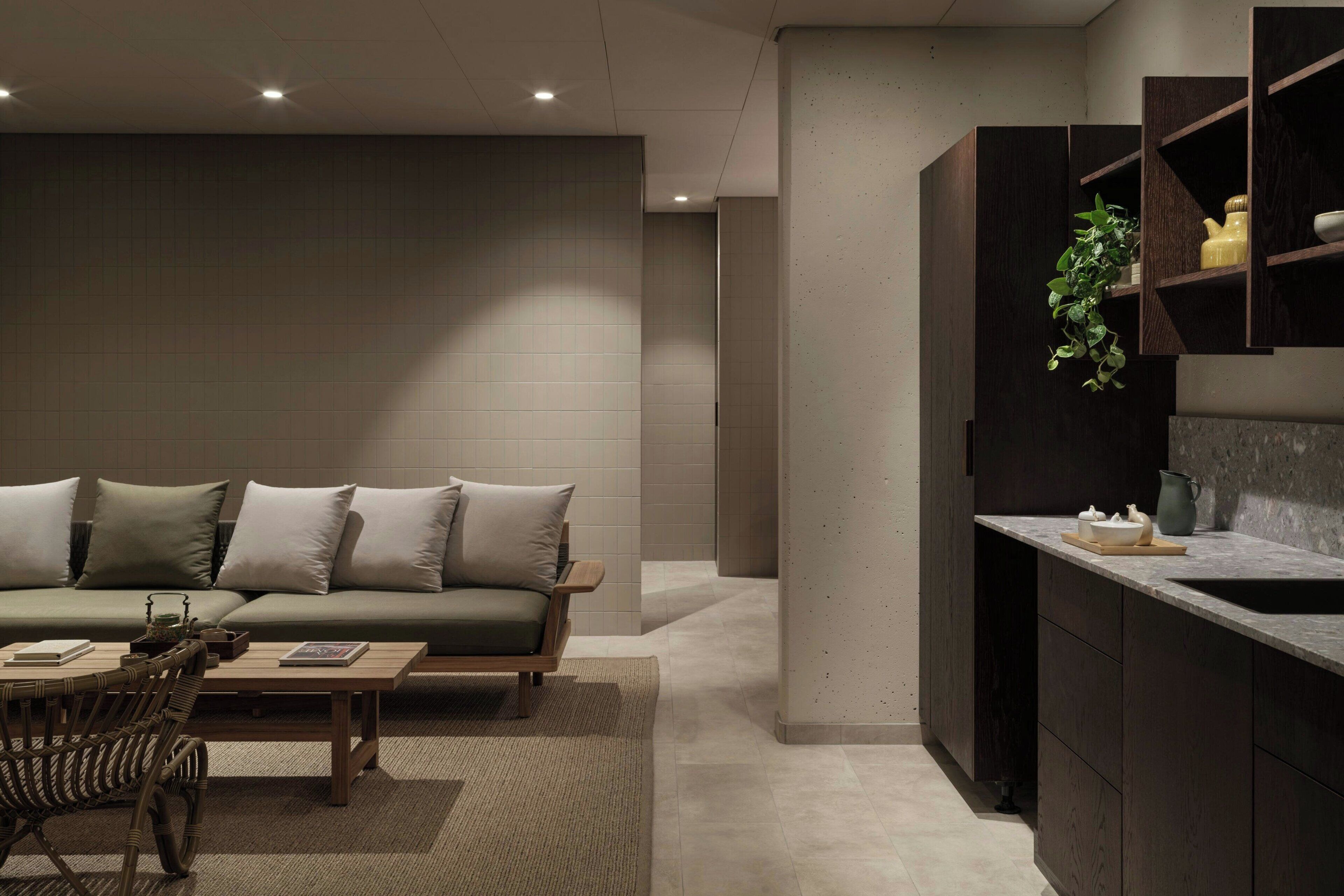 A modern living room with a sofa, coffee table, and chairs, a kitchen area with dark cabinetry and a countertop, and a wall-mounted shelf with a plant.