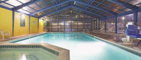 Indoor pool, open 9:00 AM to 11:00 PM, sun loungers