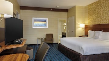 Premium bedding, desk, blackout curtains, iron/ironing board