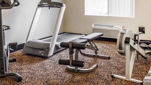Un gimnasio con cinta de correr, banco de pesas y diversas máquinas de ejercicio.