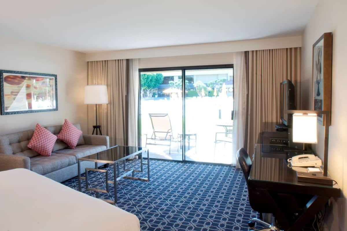 A hotel room with a bed, a desk, a chair, a lamp, a TV, and a view of the outdoor area.