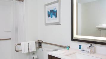 Un baño con ducha, inodoro, lavamanos y un cuadro en la pared.