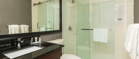 Ein modernes Badezimmer mit einer gläsernen Duschkabine, einer weißen Toilette und einem Waschbecken mit schwarzer Ablagefläche.