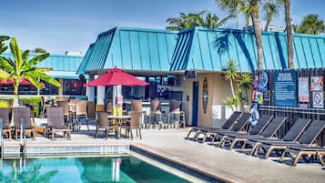 Outdoor pool, a heated pool, pool umbrellas