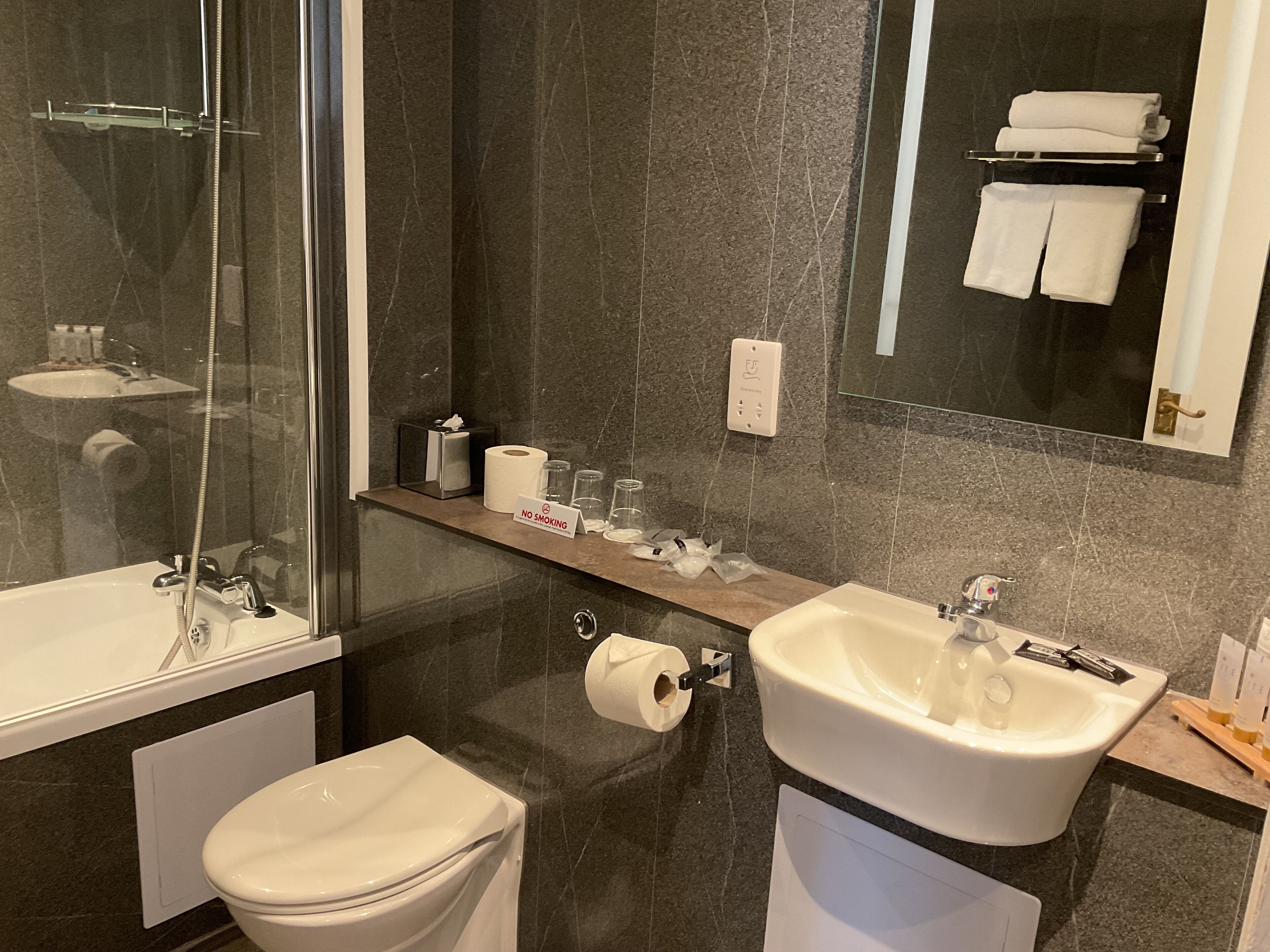A modern bathroom with a glass shower enclosure, a sink, and a toilet.