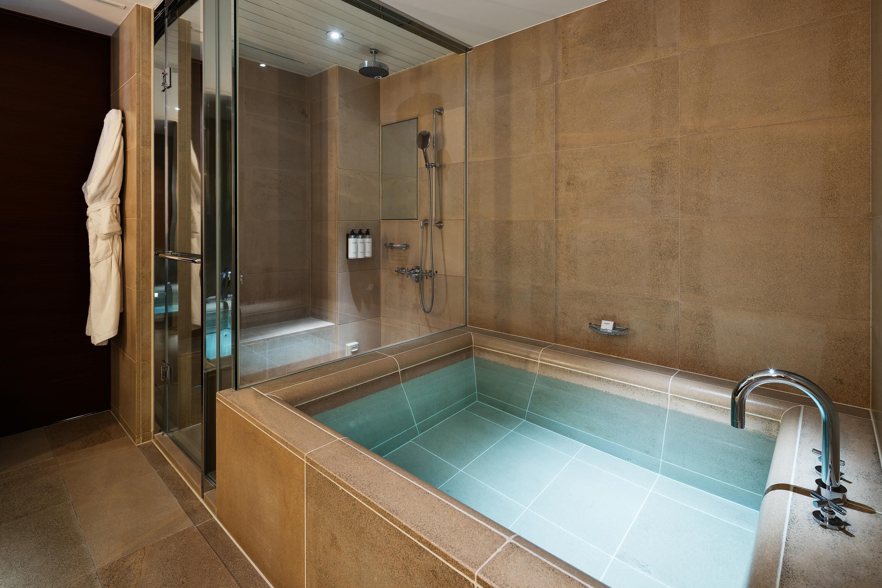 A modern bathroom with a glass-enclosed shower, a large bathtub, and a towel rack.