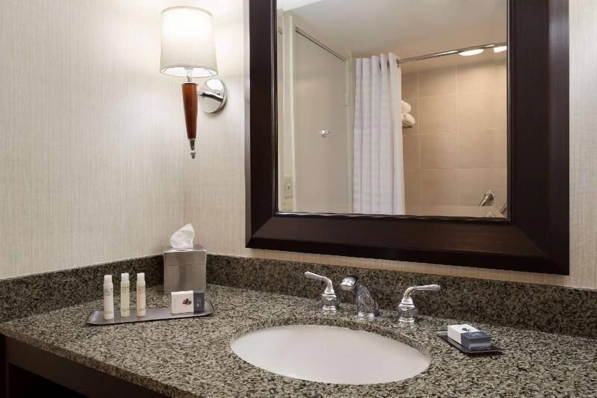 A hotel bathroom with a granite countertop, a sink, a mirror, a towel dispenser, and a shower visible in the background.